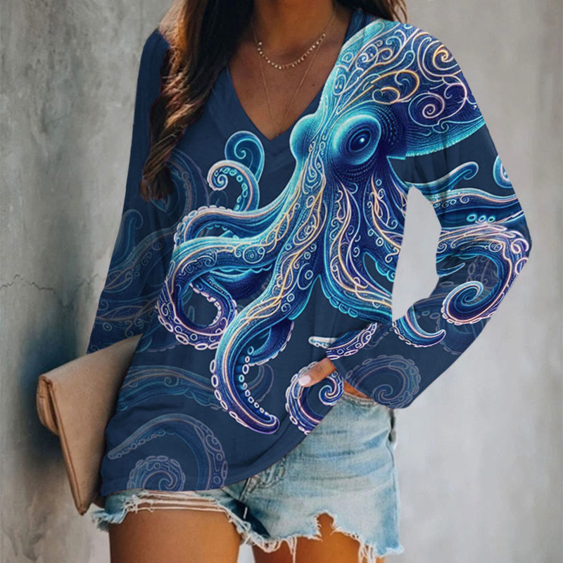 Vintage Wise Ocean Octopus Print Long Sleeve T-shirt - Blue - 5XL - image 1
