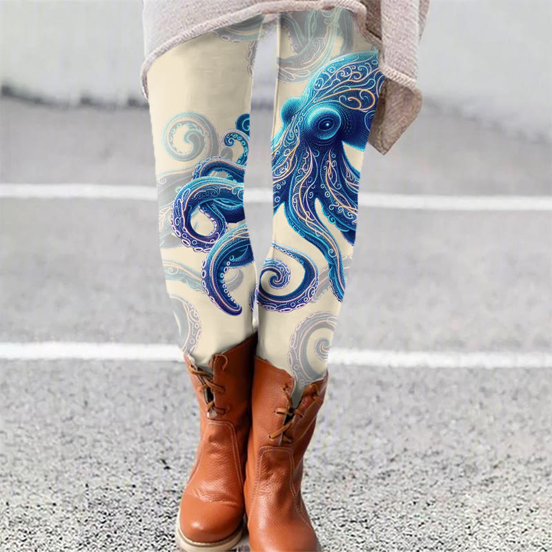 Vintage Wise Ocean Octopus Art Print Leggings - Apricot - 5XL - image 1