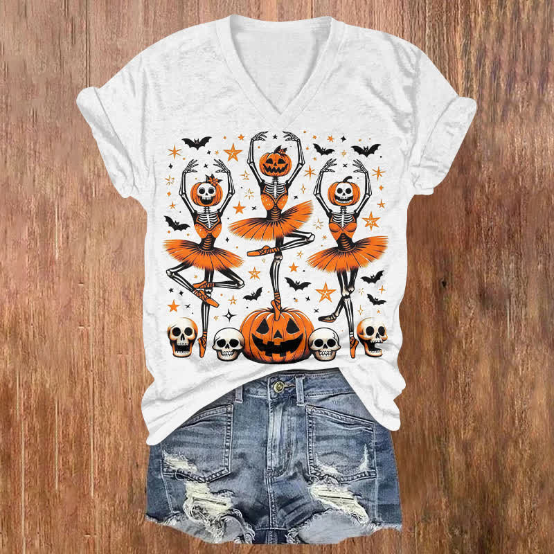 Ballet-dancing Pumpkin Skull Halloween Print V-neck T-shirt - White - US32-34(5XL) - image 1