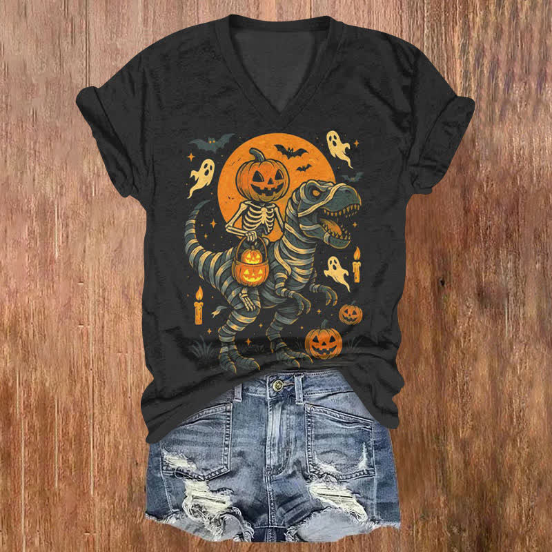 Pumpkin Skeleton Riding On A Dinosaur Halloween Print V-neck T-shirt - Black - US32-34(5XL) - image 1