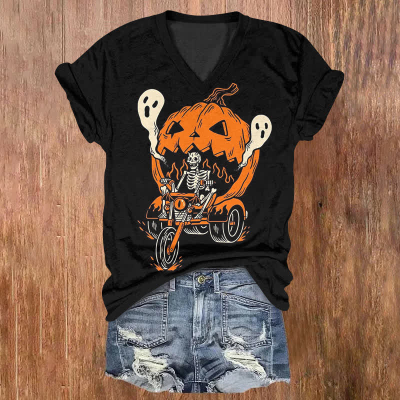 Halloween Skull On Pumpkin Carriage Print V-neck T-shirt - Black - US32-34(5XL) - image 1