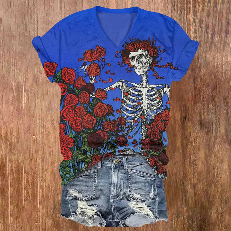 Halloween Skull Among Roses Print V-neck T-shirt - Blue - US32-34(5XL) - image 1