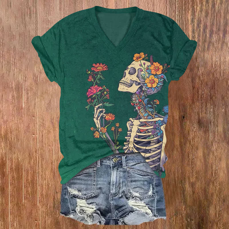 Floral Skull Halloween Print V-neck T-shirt - Green - US32-34(5XL) - image 1