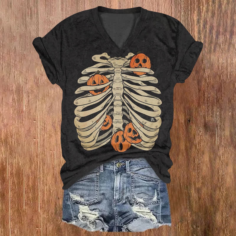 Pumpkin Skull Halloween Print V-neck T-shirt - Black - US32-34(5XL) - image 1
