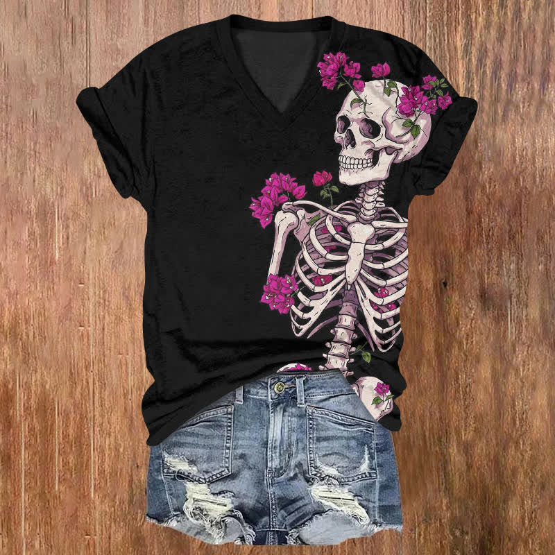 Halloween Skull With Flowers Growing Out Of It Print V-neck T-shirt - Black - US32-34(5XL) - image 1