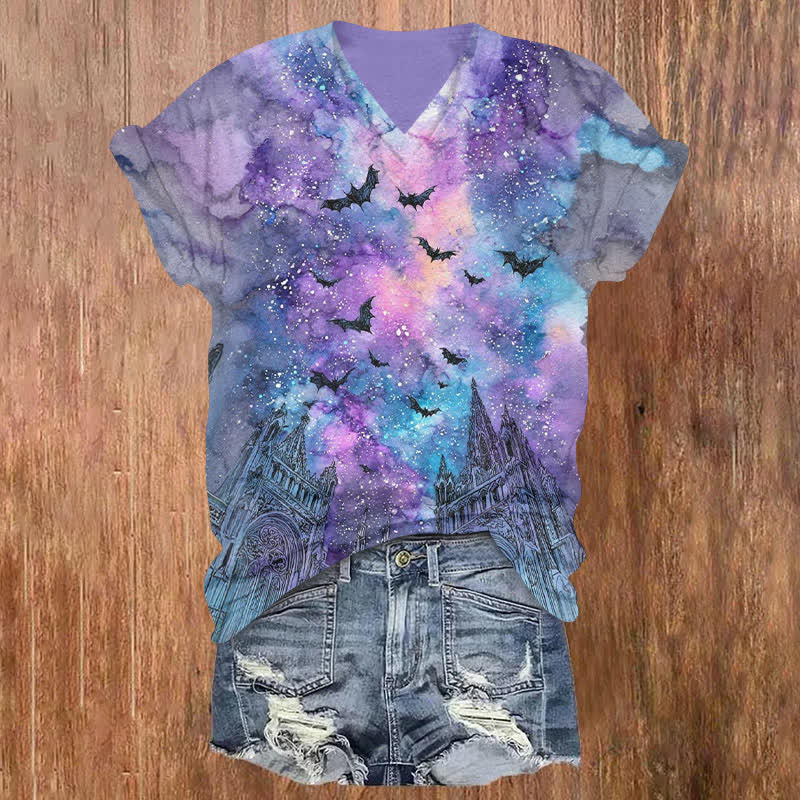 Halloween Bat Under The Aurora Starry Sky Print V-neck T-shirt - Purple - US32-34(5XL) - image 1