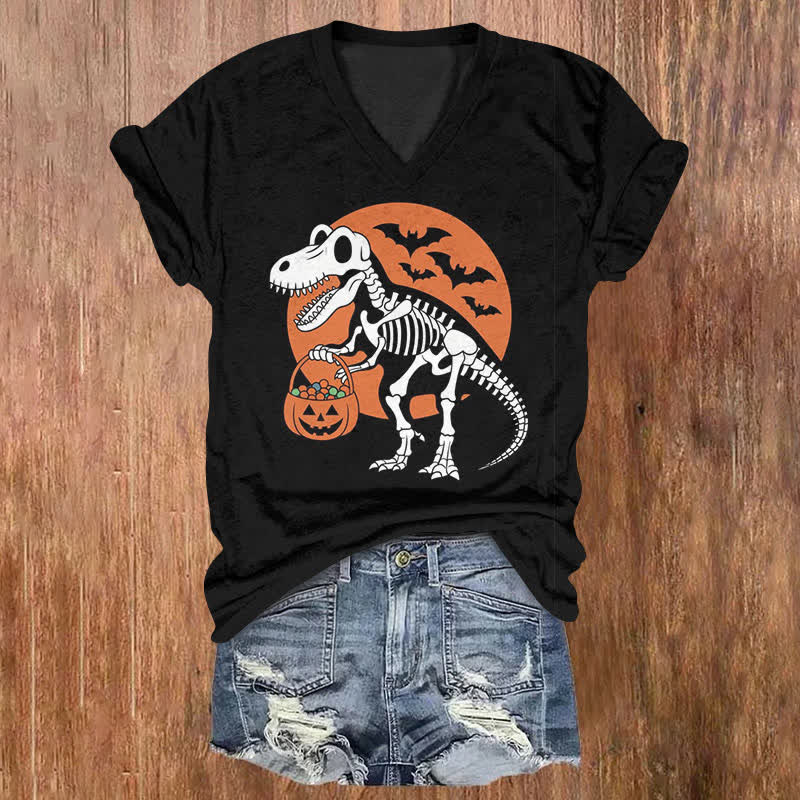 Skeleton Dinosaur Halloween Print V-neck T-shirt - Black - US32-34(5XL) - image 1