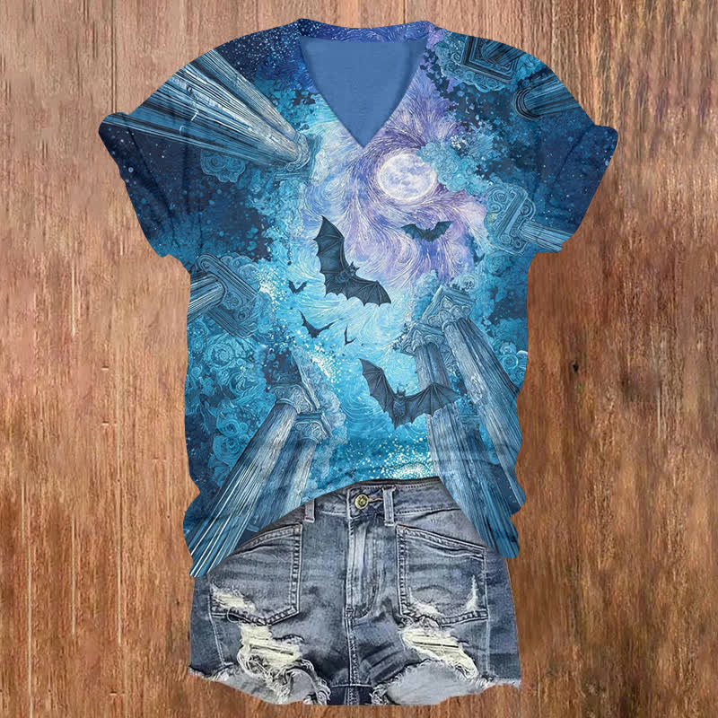 Bats Under The Starry Sky Oil Painting Halloween Print V-neck T-shirt - Blue - US32-34(5XL) - image 1