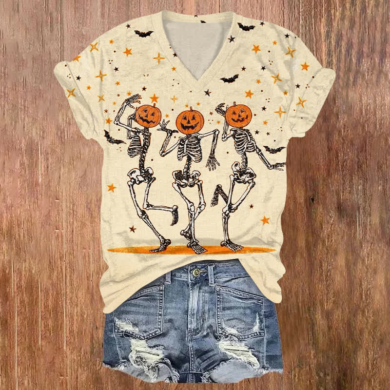 Dancing Skeleton Halloween Print V-neck T-shirt - Apricot - US32-34(5XL) - image 1