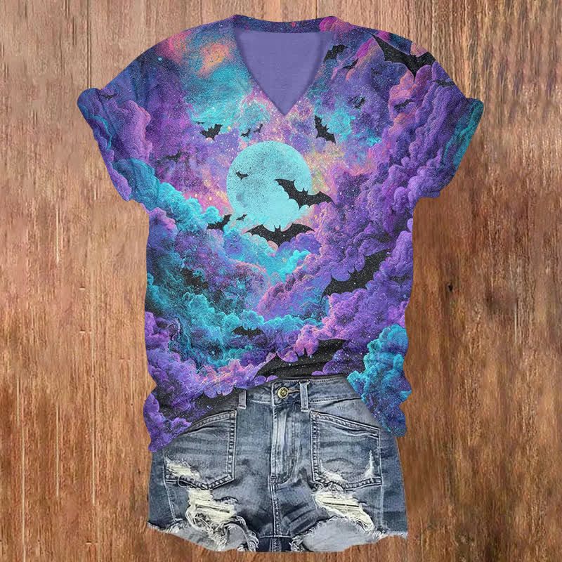 Halloween Bat Under A Spooky Sky Print V-neck T-shirt - Purple - US32-34(5XL) - image 1