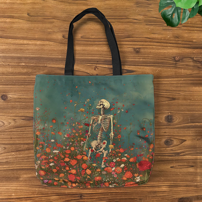 Skeleton Standing In Flowers Halloween Print Bag - Lake Blue - one size - image 1