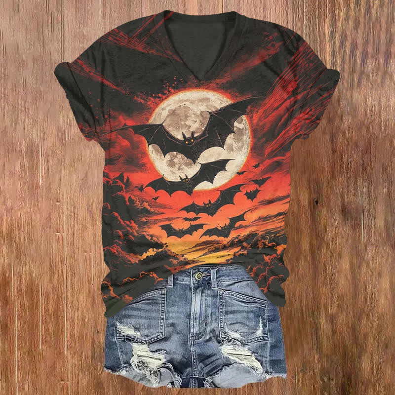 Bats Under The Scary Sky Halloween Print V-neck T-shirt - Black - US32-34(5XL) - image 1