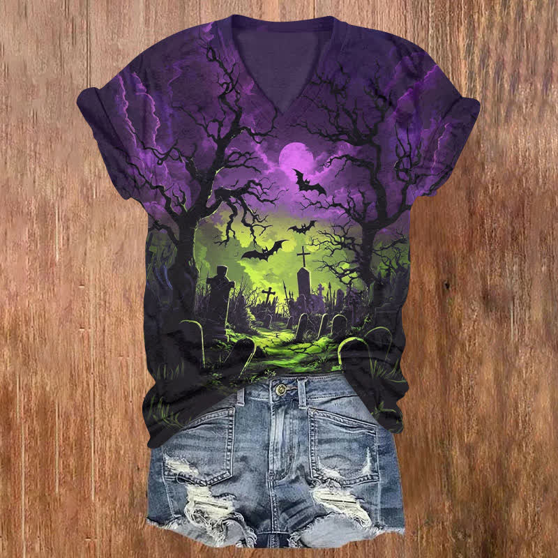 Spooky Cemetery Bats Halloween Print V-neck T-shirt - Purple - US32-34(5XL) - image 1