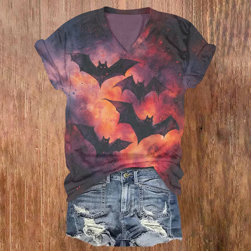Spooky Contrasting Color Atmosphere Bat Halloween Print V-neck T-shirt - Grey - US32-34(5XL) - image 1