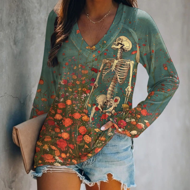 Skeleton Standing In Flowers Halloween Print Long Sleeve T-shirt - Lake Blue - 5XL - image 1