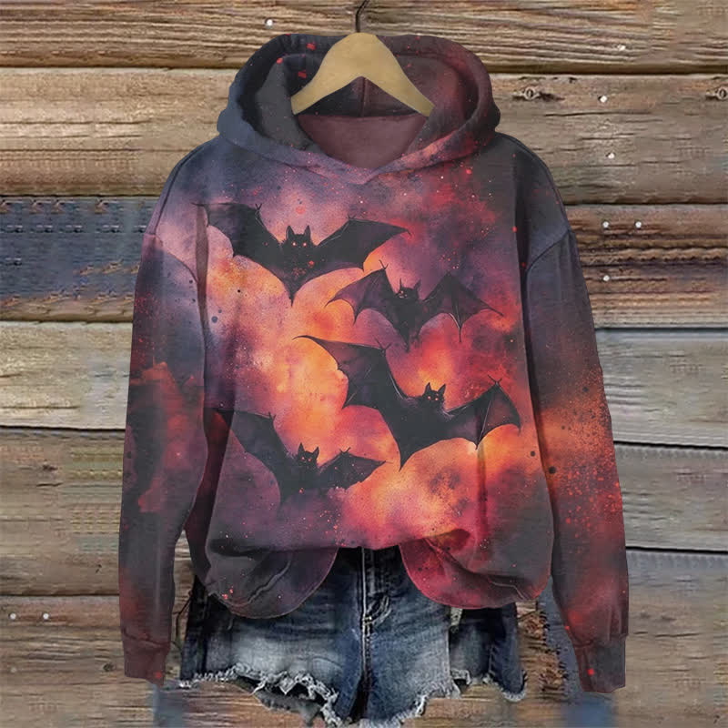 Spooky Contrasting Color Atmosphere Bat Halloween Print Long Sleeve Hoodie - Grey - US44-46(8XL) - image 1