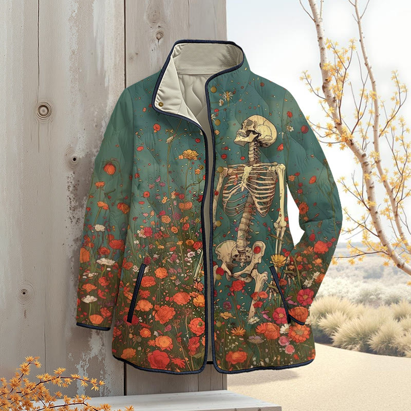 Skeleton Standing In Flowers Halloween Print Outerwear Jackets - Lake Blue - 4XL - image 1