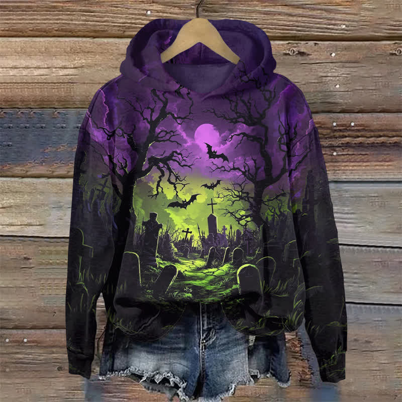 Spooky Cemetery Bats Halloween Print Long Sleeve Hoodie - Purple - US44-46(8XL) - image 1
