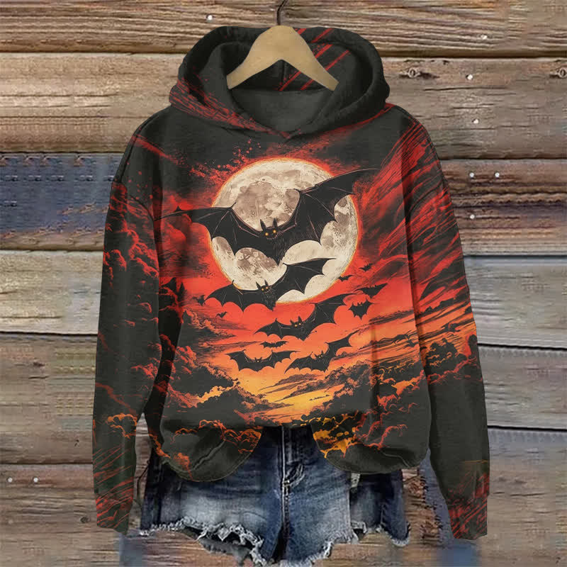 Bats Under The Scary Sky Halloween Print Long Sleeve Hoodie - Black - US44-46(8XL) - image 1