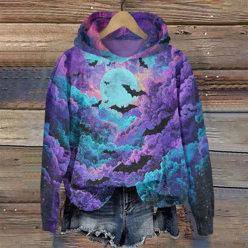 Halloween Bat Under A Spooky Sky Print Long Sleeve Hoodie - Purple - US44-46(8XL) - image 1
