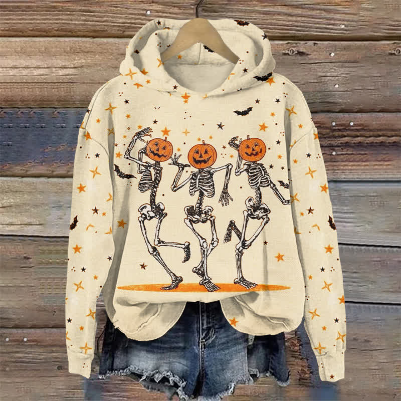 Dancing Skeleton Halloween Print Long Sleeve Hoodie - Apricot - US44-46(8XL) - image 1