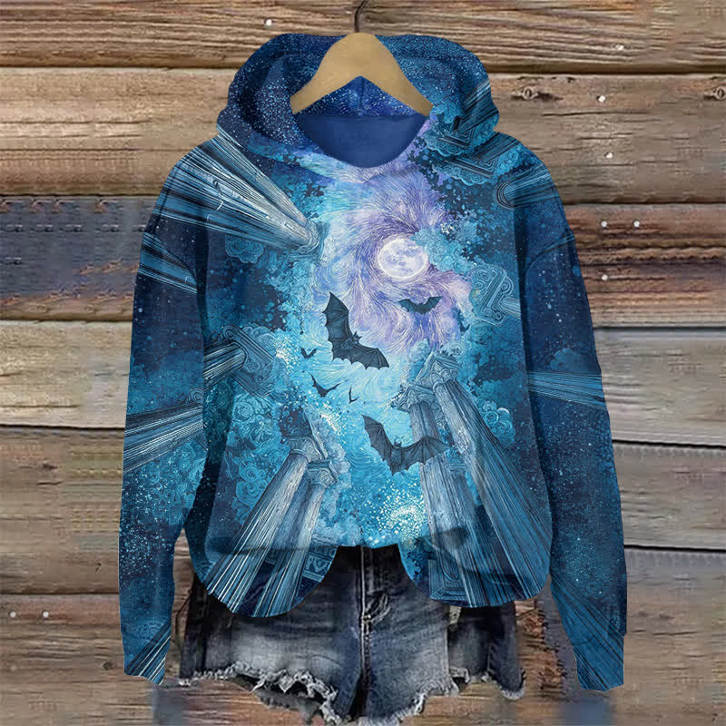 Bats Under The Starry Sky Oil Painting Halloween Print Long Sleeve Hoodie - Blue - US44-46(8XL) - image 1