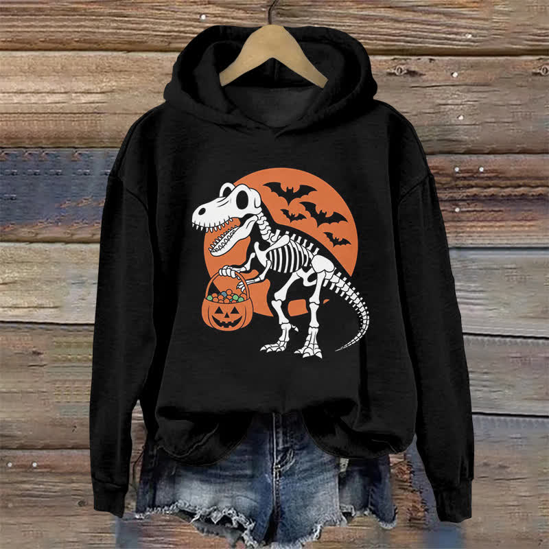 Skeleton Dinosaur Halloween Print Long Sleeve Hoodie - Black - US44-46(8XL) - image 1