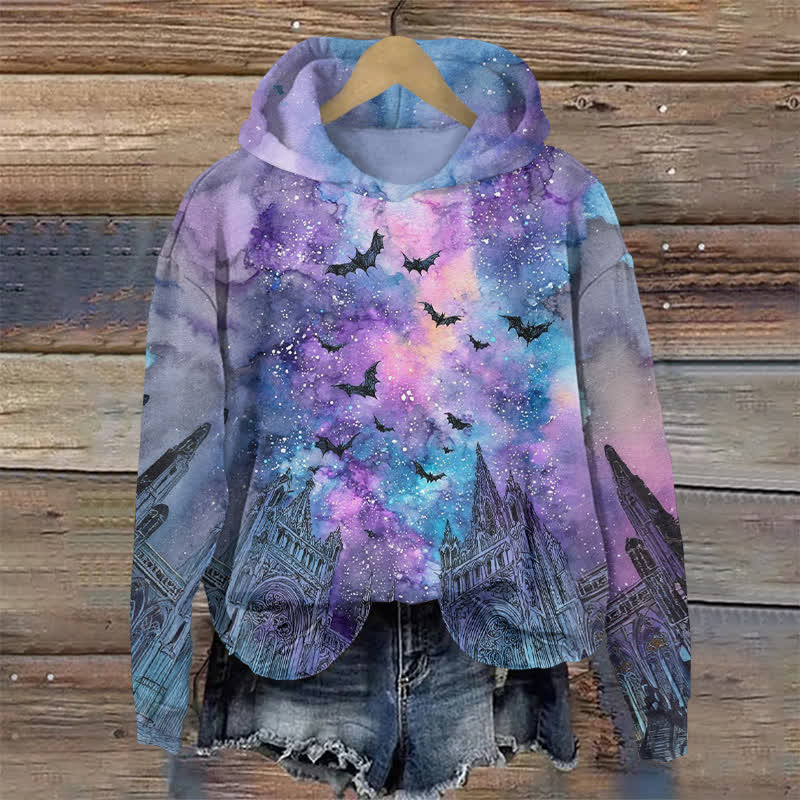 Halloween Bat Under The Aurora Starry Sky Print Long Sleeve Hoodie - Purple - US44-46(8XL) - image 1