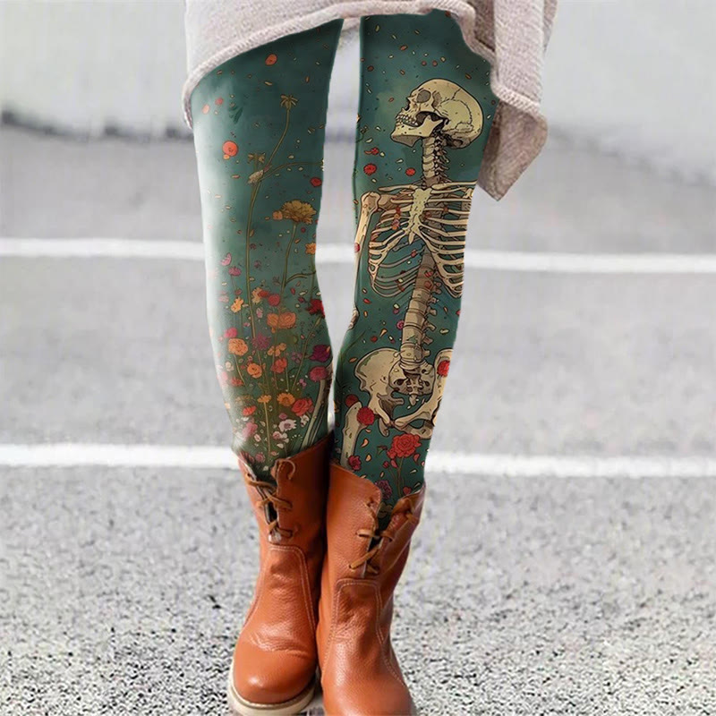 Skeleton Standing In Flowers Halloween Print Leggings - Lake Blue - 5XL - image 1