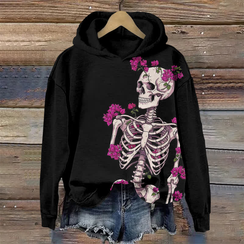 Halloween Skull With Flowers Growing Out Of It Print Long Sleeve Hoodie - Black - US44-46(8XL) - image 1