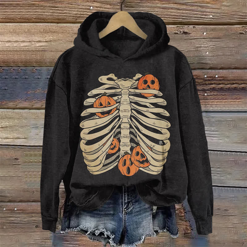 Pumpkin Skull Halloween Print Long Sleeve Hoodie - Black - US44-46(8XL) - image 1