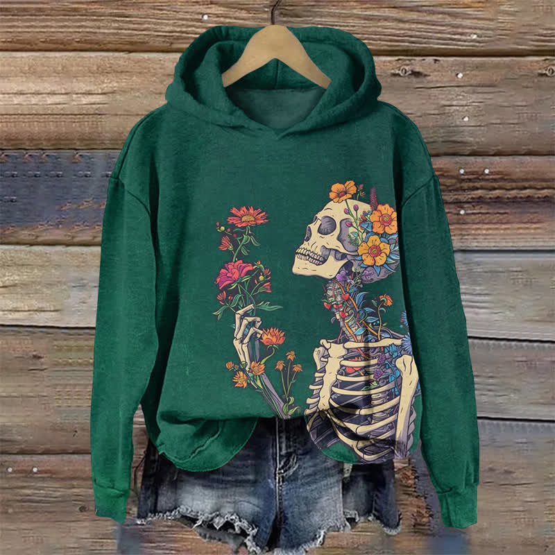 Floral Skull Halloween Print Long Sleeve Hoodie - Green - US44-46(8XL) - image 1