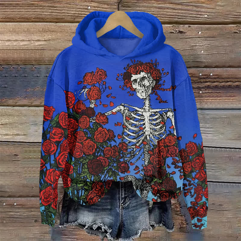 Halloween Skull Among Roses Print Long Sleeve Hoodie - Blue - US44-46(8XL) - image 1