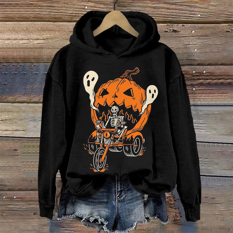 Halloween Skull On Pumpkin Carriage Print Long Sleeve Hoodie - Black - US44-46(8XL) - image 1