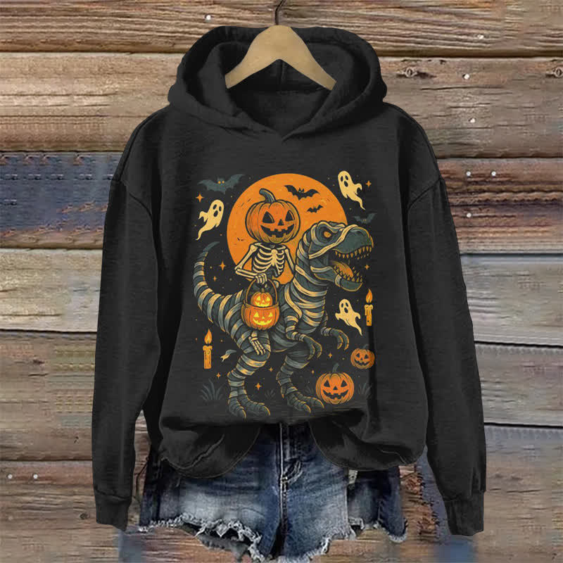 Pumpkin Skeleton Riding On A Dinosaur Halloween Print Long Sleeve Hoodie - Black - US44-46(8XL) - image 1