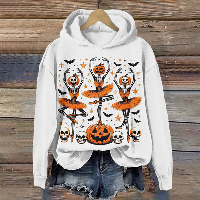 Ballet-dancing Pumpkin Skull Halloween Print Long Sleeve Hoodie - White - US44-46(8XL) - image 1