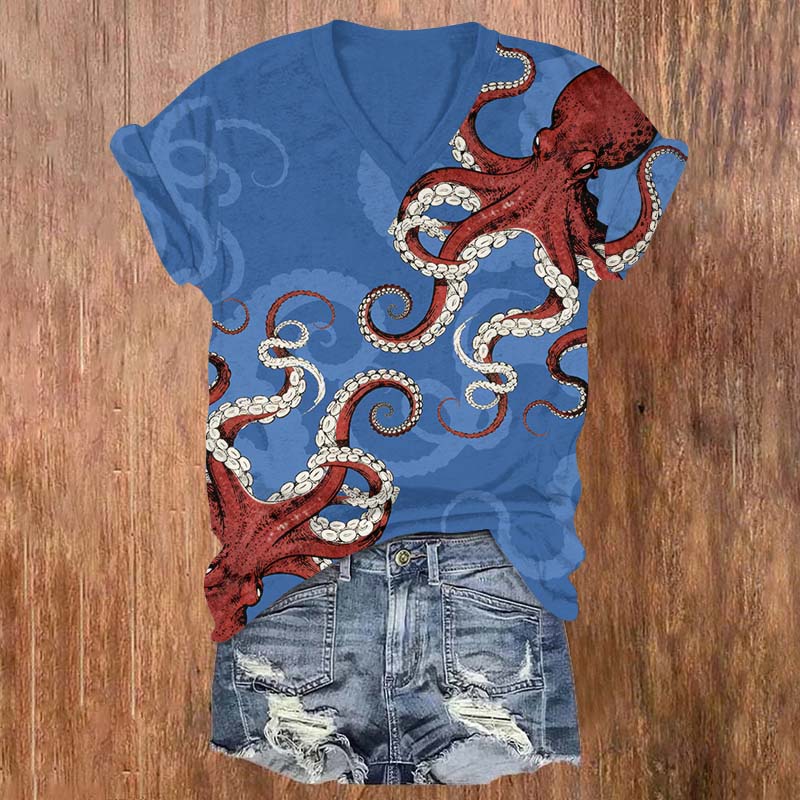 Vintage Red Octopus Art Print V-neck T-shirt - Blue - US32-34(5XL) - image 1