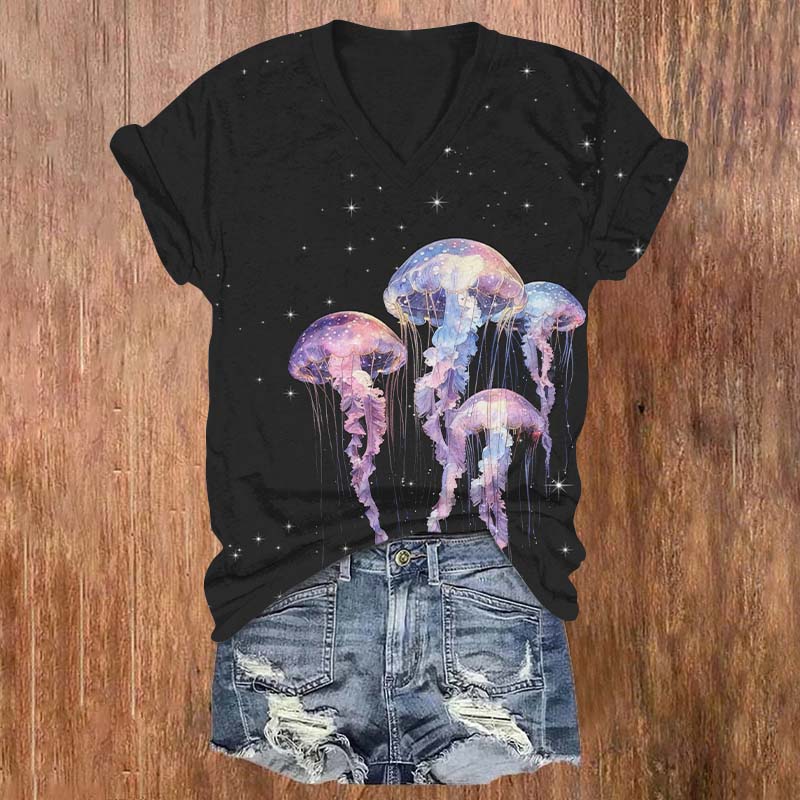 Vintage Starry Fantasy Glowing Jellyfish Print V-neck T-shirt - Black - US32-34(5XL) - image 1