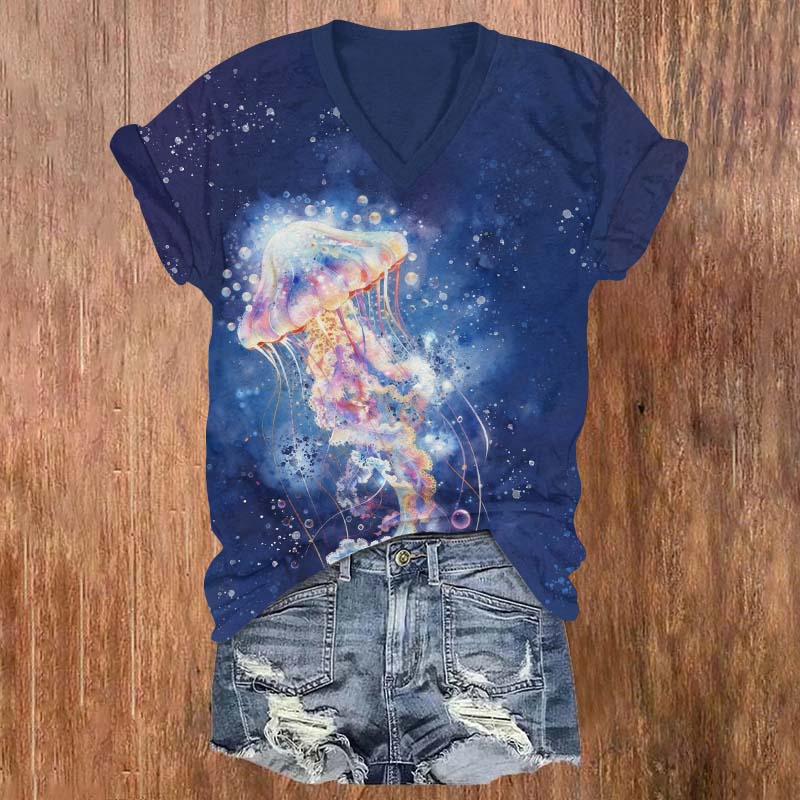 Fantasy Rain Drops Jellyfish Print V-neck T-shirt - Blue - US32-34(5XL) - image 1