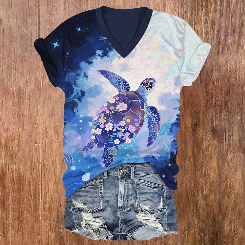 Watercolor Floral Sea Turtle Print V-neck T-shirt - Blue - US32-34(5XL) - image 1