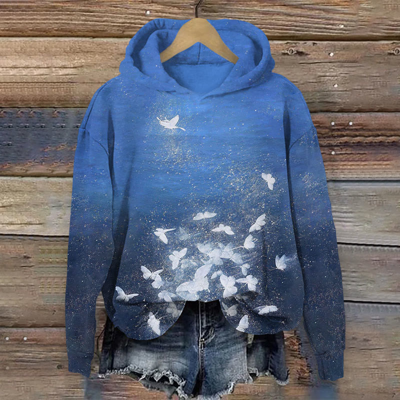 Japanese Butterfly Flying At Night Print Long Sleeve Hoodie - Blue - US44-46(8XL) - image 1