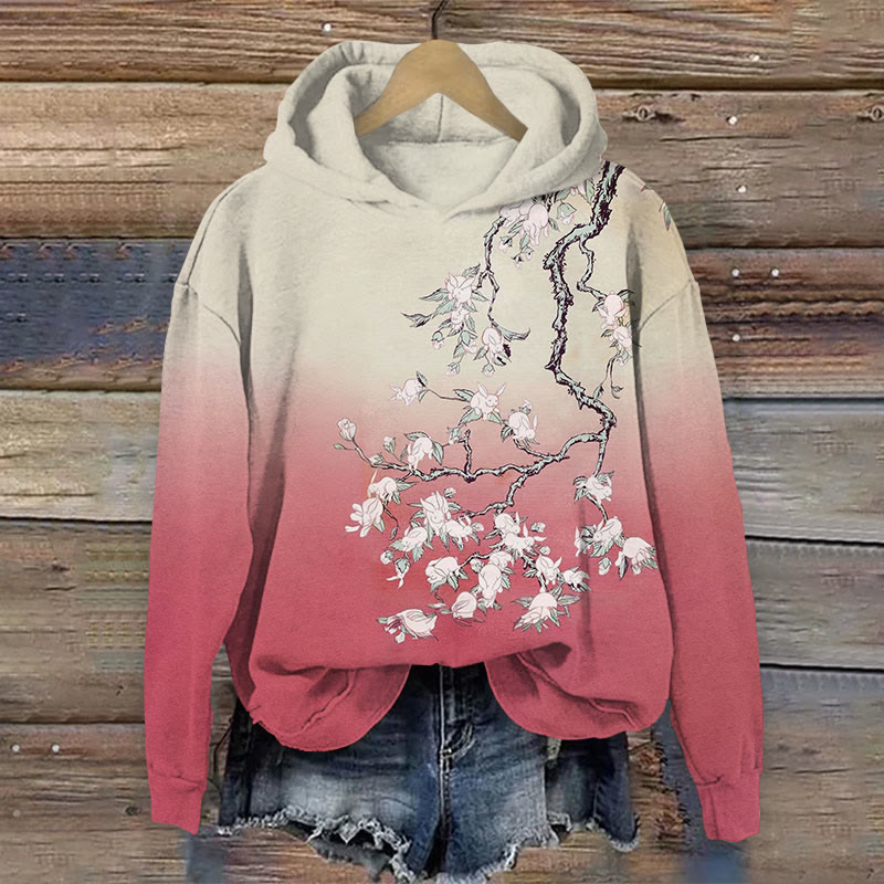 Japanese Watercolor Print  Rabbits On The Tree Long Sleeve Hoodie - Rose - US44-46(8XL) - image 1