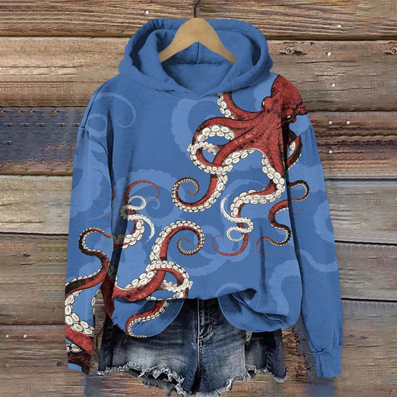 Vintage Red Octopus Art Print Long Sleeve Hoodie - Blue - US44-46(8XL) - image 1