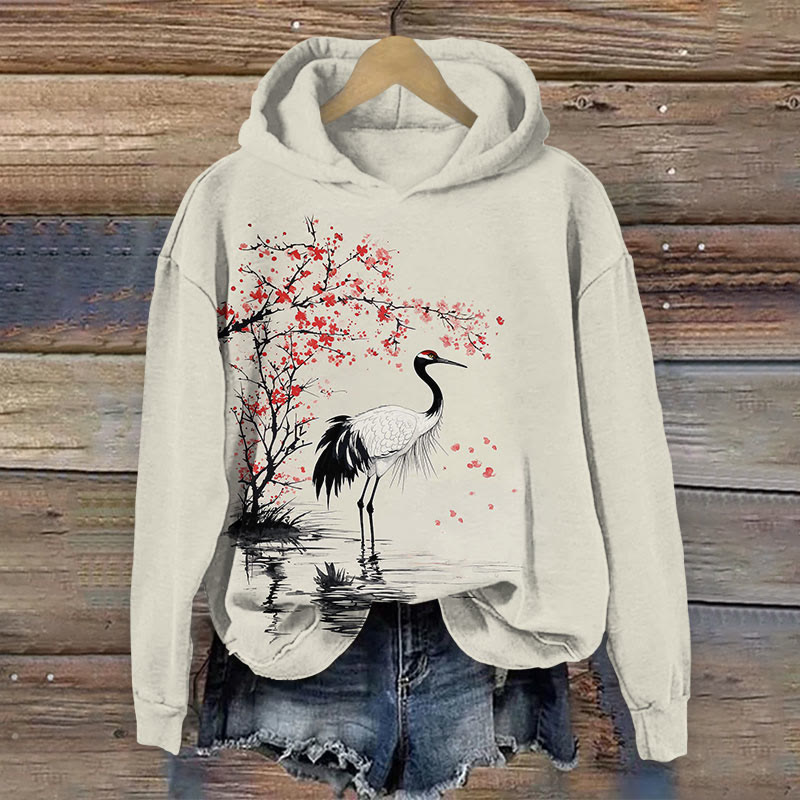 Japanese Crane With Floral Print Long Sleeve Hoodie - Apricot - US44-46(8XL) - image 1