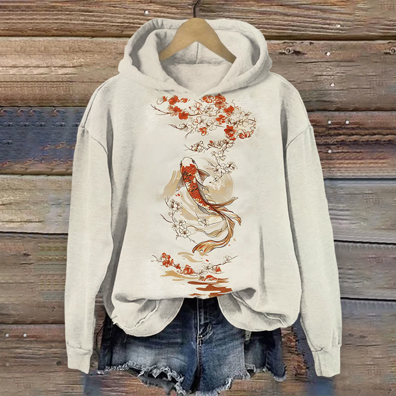 Japanese Gold Fish With Floral Print Long Sleeve Hoodie - Apricot - US44-46(8XL) - image 1