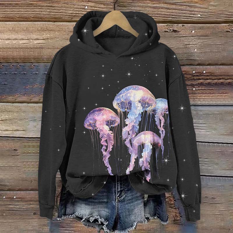 Vintage Starry Fantasy Glowing Jellyfish Print Long Sleeve Hoodie - Black - US44-46(8XL) - image 1