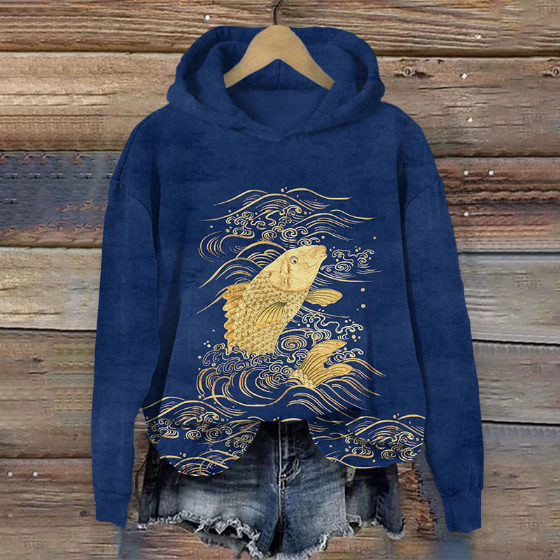 Japanese Gold Fish With Wave Print Long Sleeve Hoodie - Blue - US44-46(8XL) - image 1