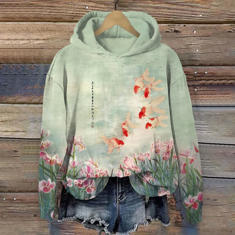 Japanese Gold Fish With Floral Print Long Sleeve Hoodie - Green - US44-46(8XL) - image 1
