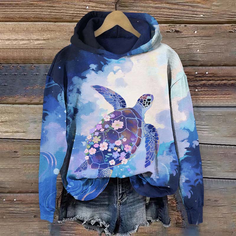 Watercolor Floral Sea Turtle Print Long Sleeve Hoodie - Blue - US44-46(8XL) - image 1