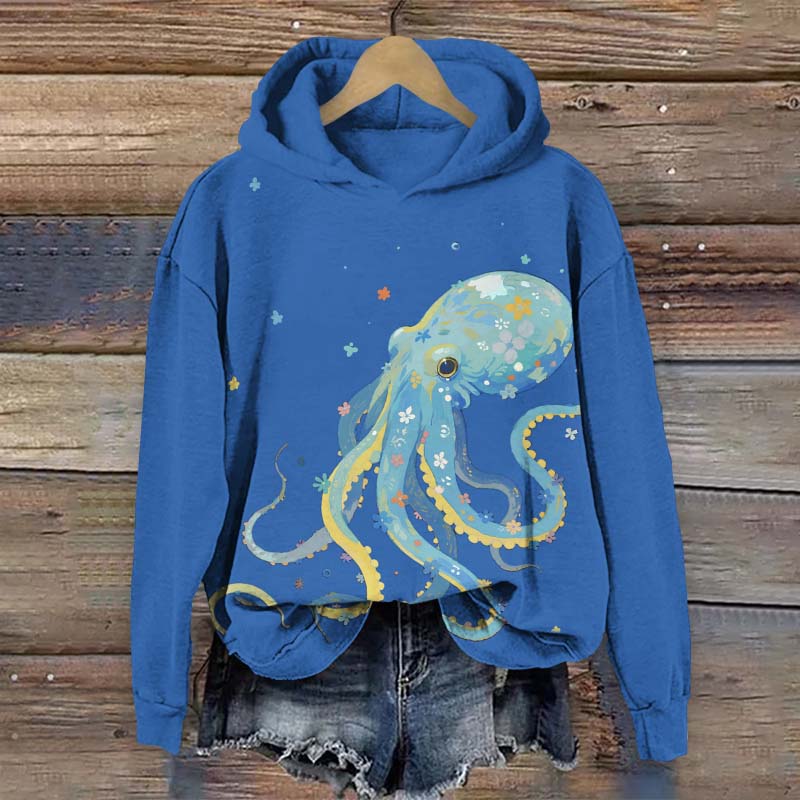Lovely Floral Octopus Print Long Sleeve Hoodie - Blue - US44-46(8XL) - image 1